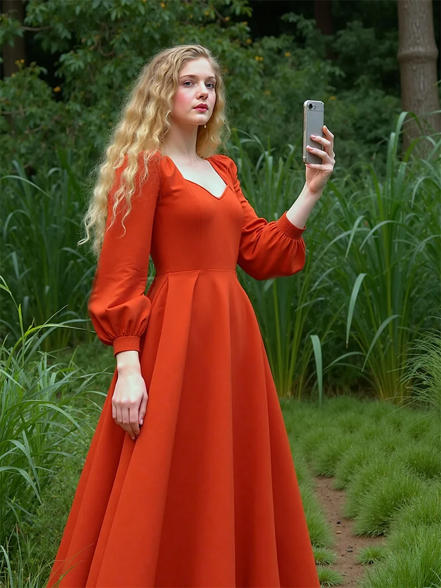 فستان نسائي خريف 2025 كم فانوس منتصف العجل بلون سادة رقبة على شكل حرف v منخفض القطع رقبة منخفضة خط عنق على شكل قلب مثير ساخن #3