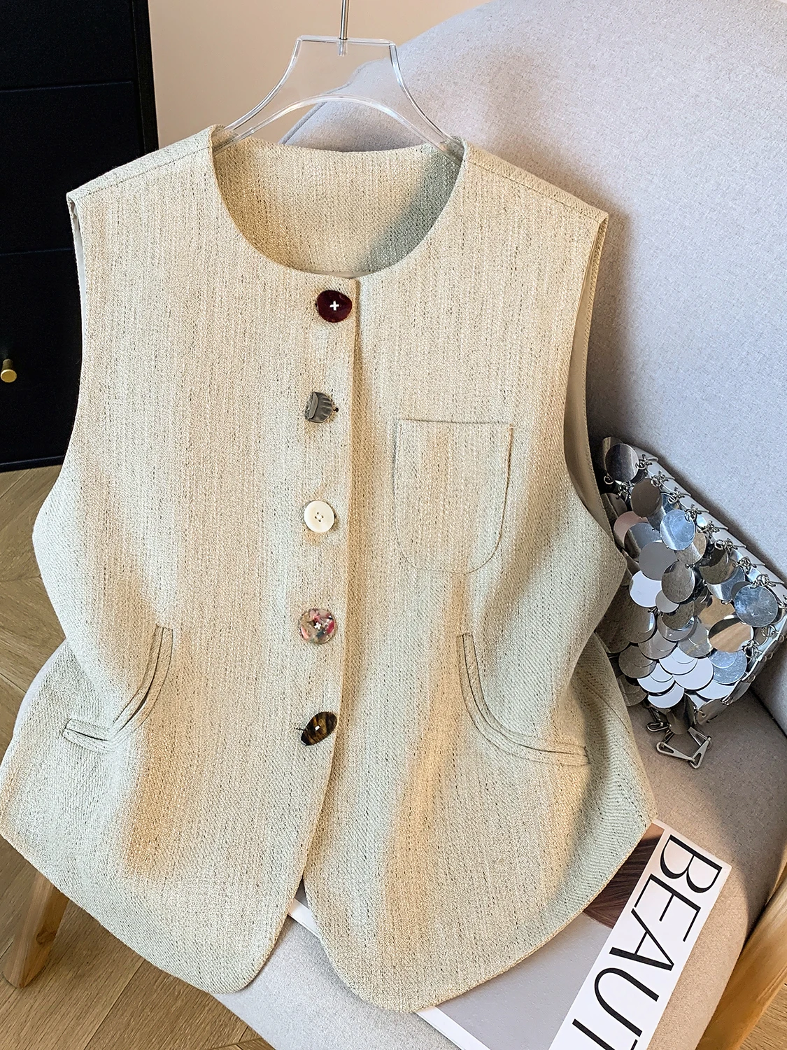 Authentic Women's Suit Vest Loose Outerwear Sleeveless Tank Top Warm Cotton Polyester Blend Standard Fit round Neck Pure Color