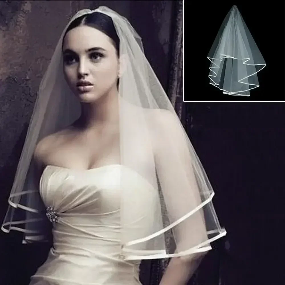 Simple and Elegent Wedding Veil Bridal Tulle Veils Comb and Two Layer Lace Ribbon Edge White New Arrival Accessories