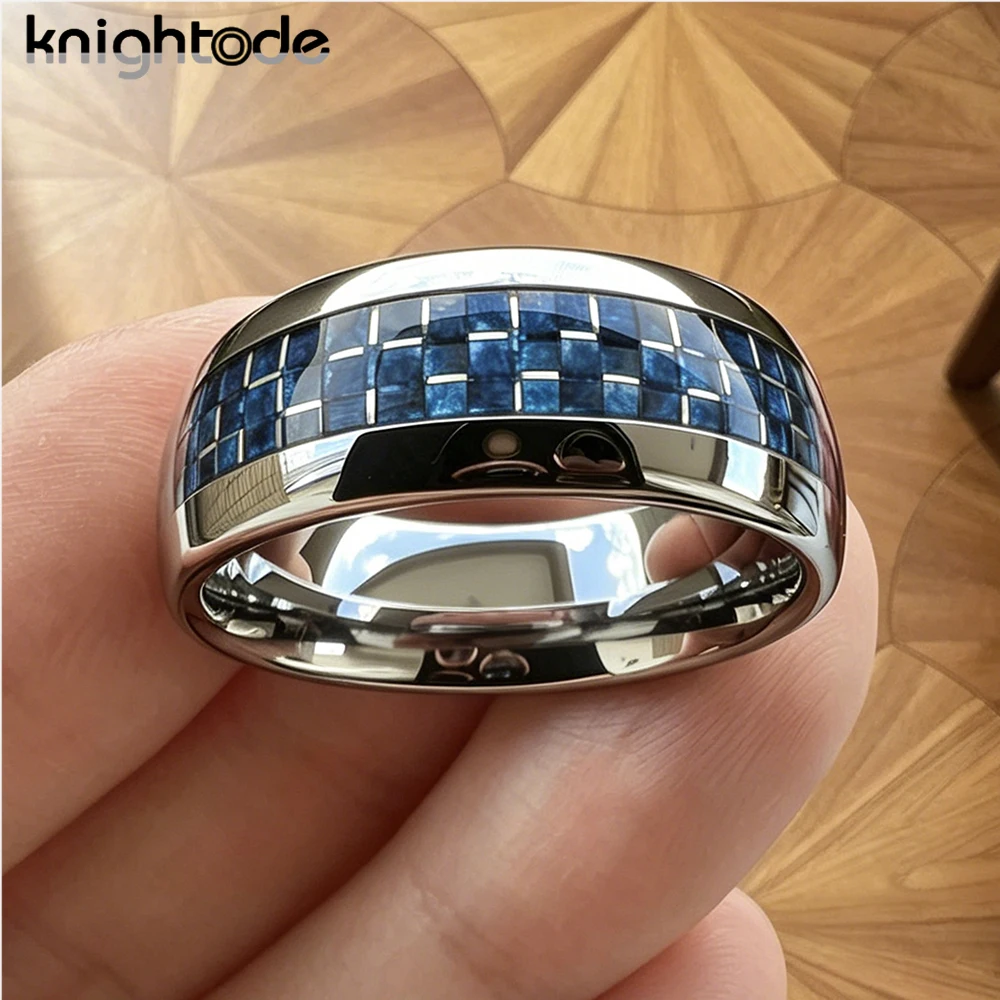 8mm Tungsten Carbide Wedding Band Blue Gap White Carbon Fiber Inlay For Men Women Engagement Rings Dome Polished Comfort Fit