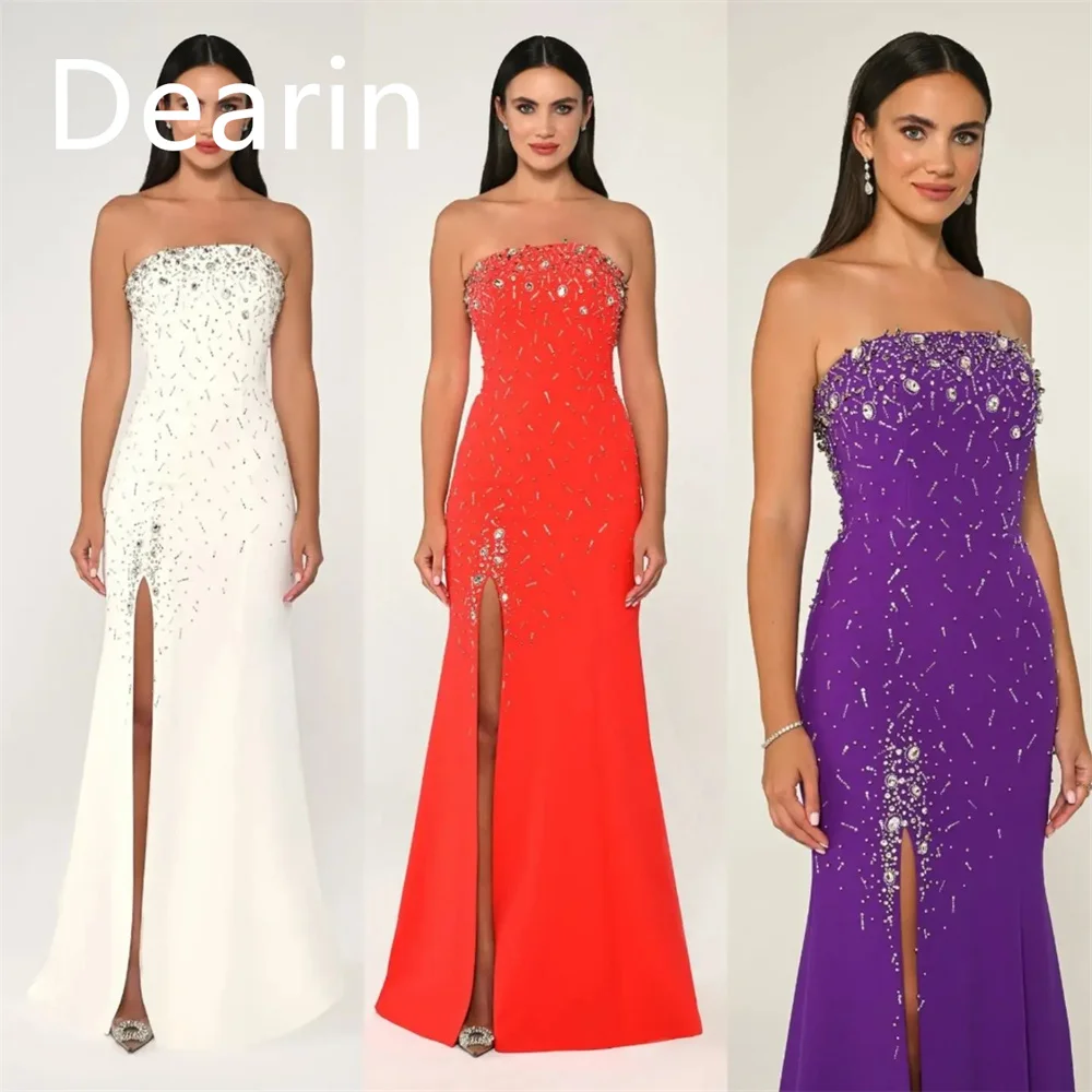 

Customized Prom Dress Dearin Strapless Column Floor Length Skirts Sleeveless Bespoke Occasion Dresses Formal Saudi Arabia Evenin