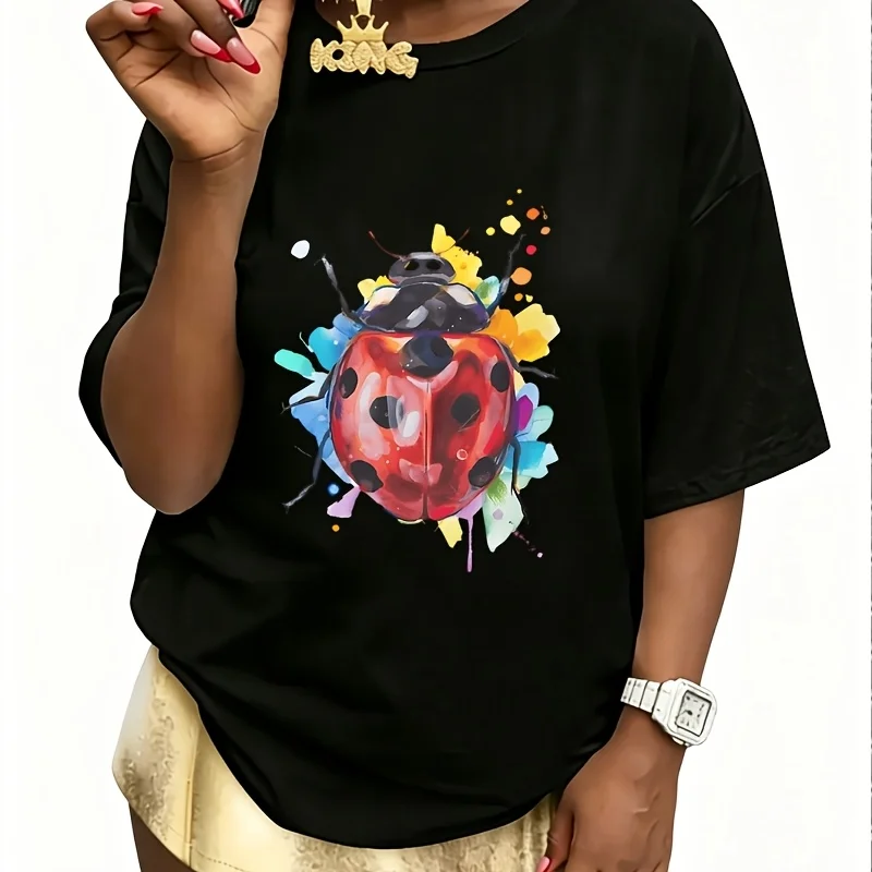 Ladybug Women's 100% Cotton T-Shirt Short Sleeve Top Casual Round Neck Fun Print Tee S-5Xl