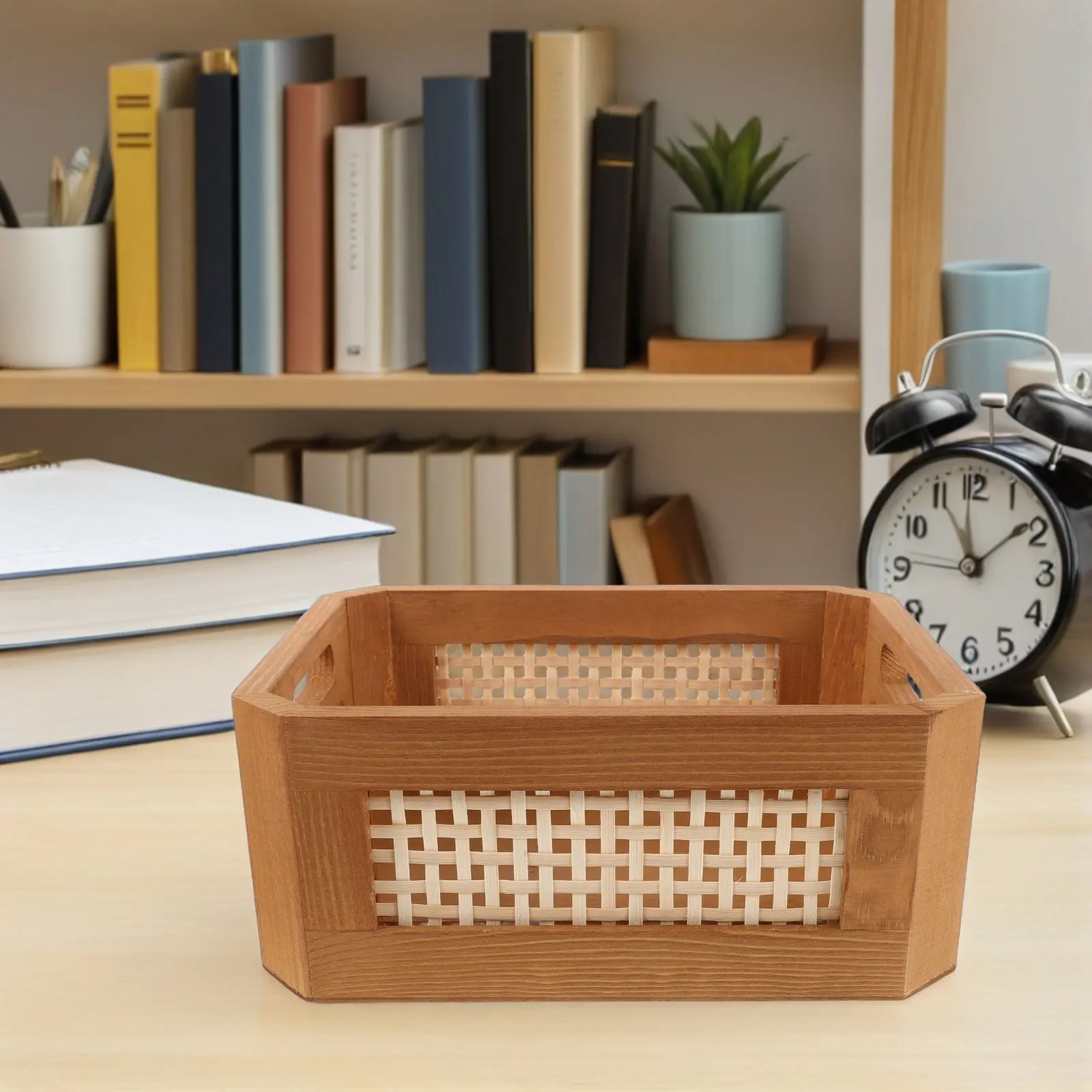 Natural Rattan Woven Storage Basket Retro Style Hollow Vine Weaving Sturdy Handle for Bathroom Bedroom Office 11.8x7.9x5.5 Inch