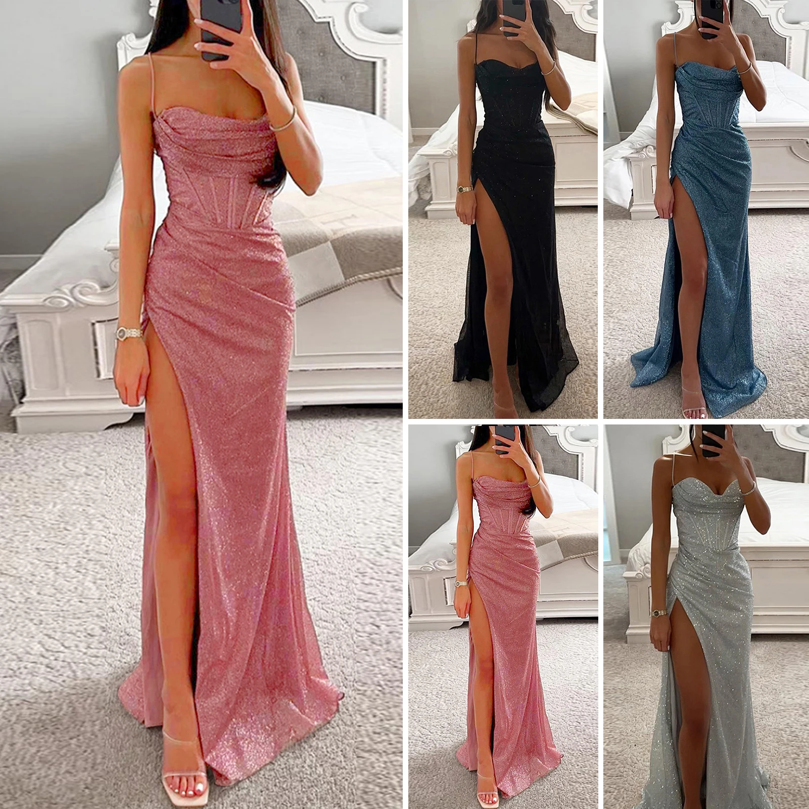 Suknia z odkrytymi ramionami Elegancka cekinowa sukienka maxi z dekoltem w szpic na wieczorne przyjęcie Prom Off Shoulder Slim Sexy Split Long Dress