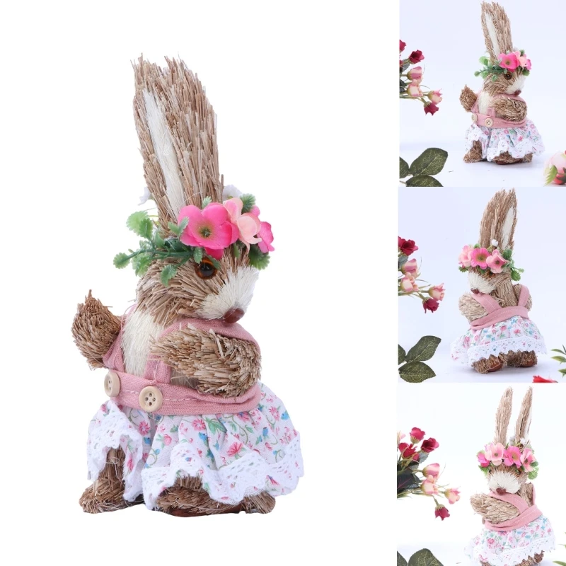 Easter Straw Rabbit Ornament, Creative Artificial Bunny, Doll with Flower Wreath, Apron, Standing Figurine, Party