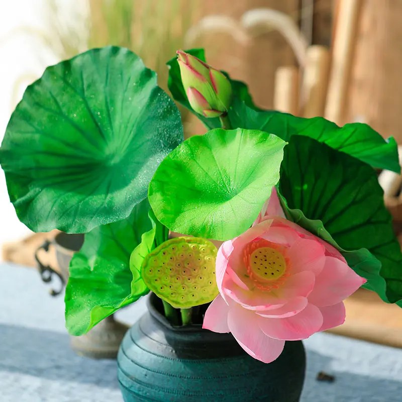 Artificial simulation lotus lotus head PU lotus leaf living room decoration flower hotel club decoration art ornaments