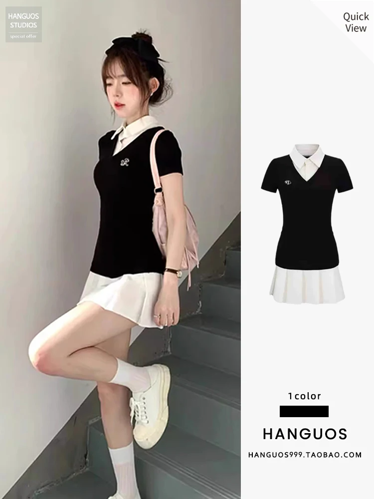 

Korean Style Summer Neck Short Sleeve Short Skirt Two Piece Set Design Sense Fake Two Piece Sweet And Spicy Waist Cinch ...