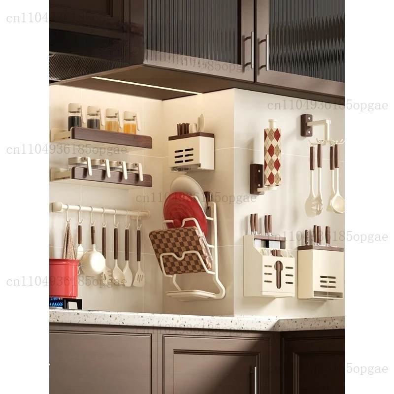 Medieval walnut kitchen multi-functional rack, no punching wall hanging multi-layer seasonings, lid knife storage rack