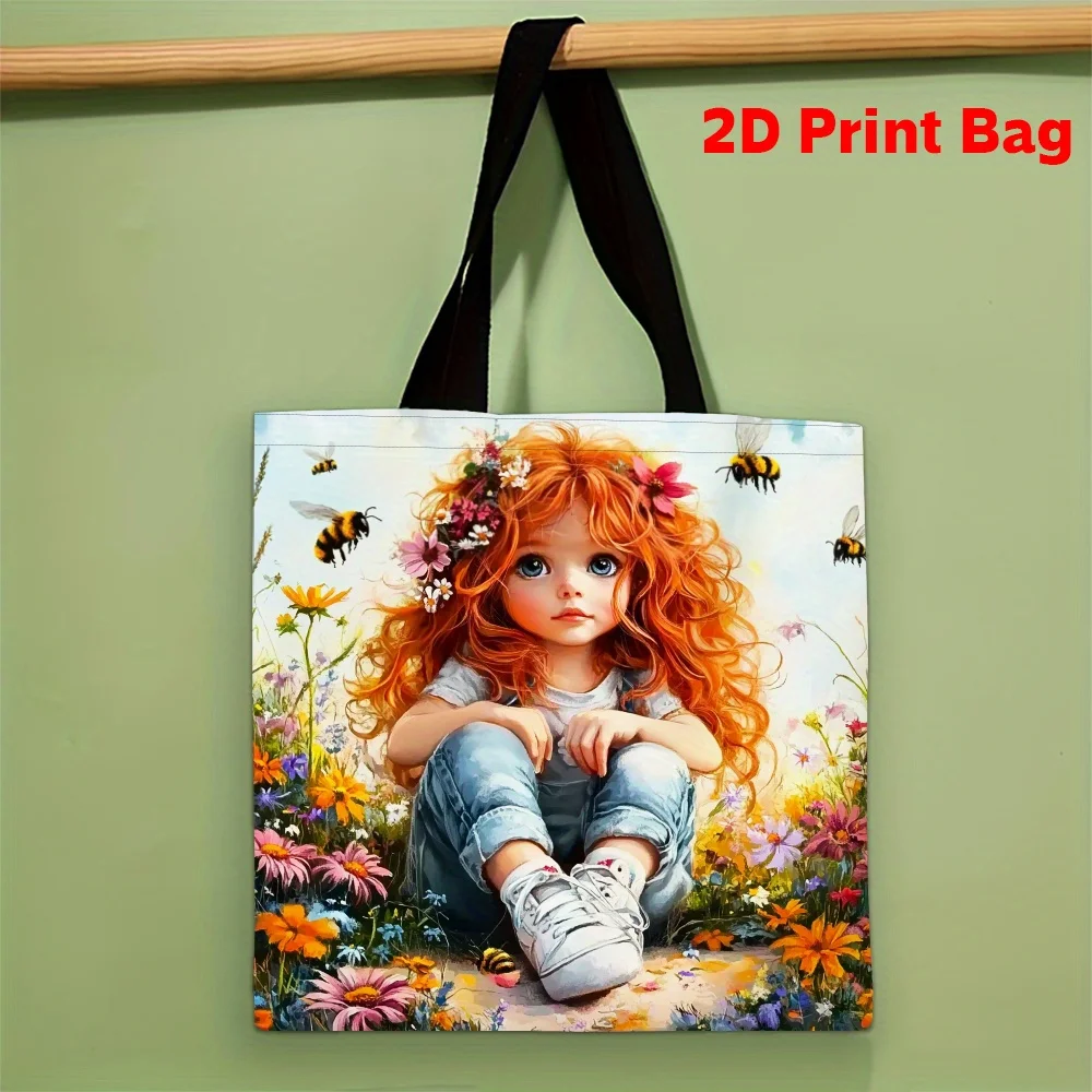Spring Tote Bag The Little Woman In The Flower Bed Reusable Multi Functional Handbag Fashionable Shopping Bag Use 40x38cm