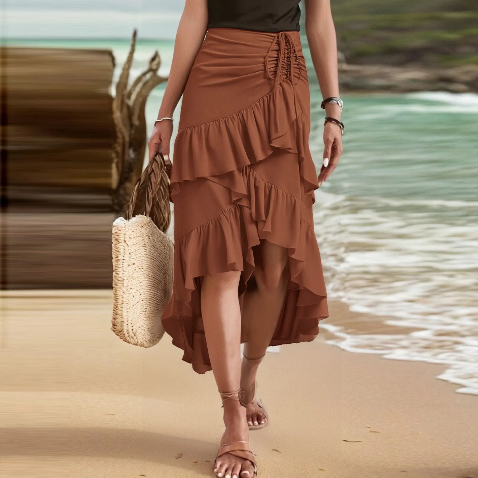 

Y2K Summer Easy Matching Classics Elegant Asymmetrical Tiered Flowy Floral Wrinkled Edge For Beach Vacation Party Leisure Skirts