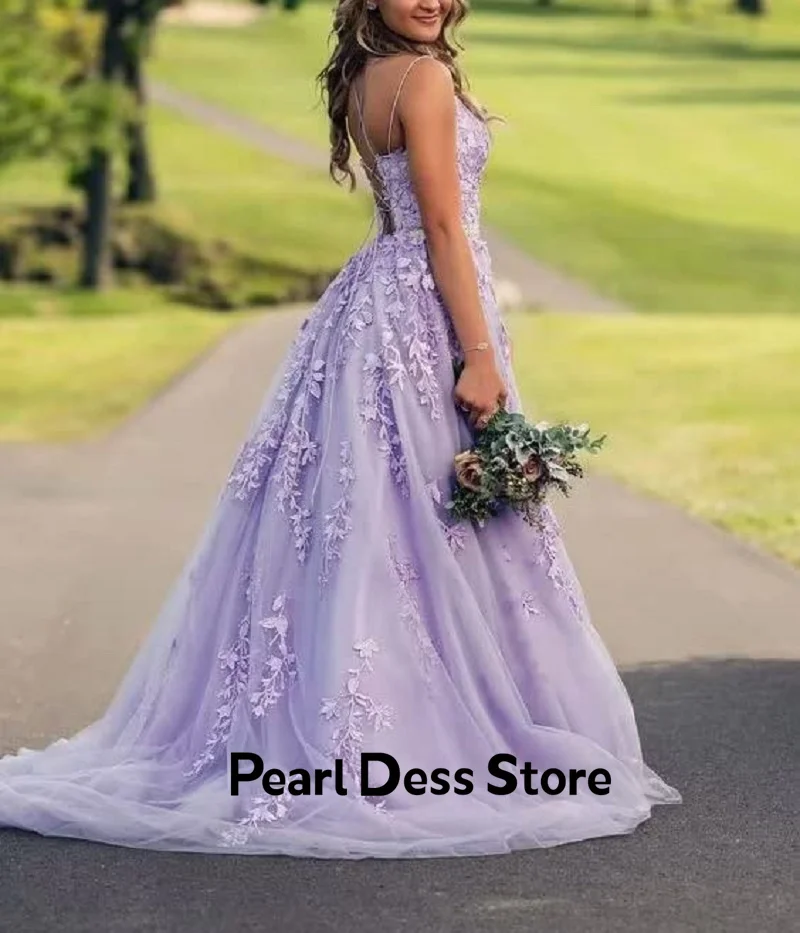 

2023 Light Purple Lace Prom Dress with Thin Shoulder Straps Vestido De Fiesta Backless A-line Women's Prom Dress Long Formal