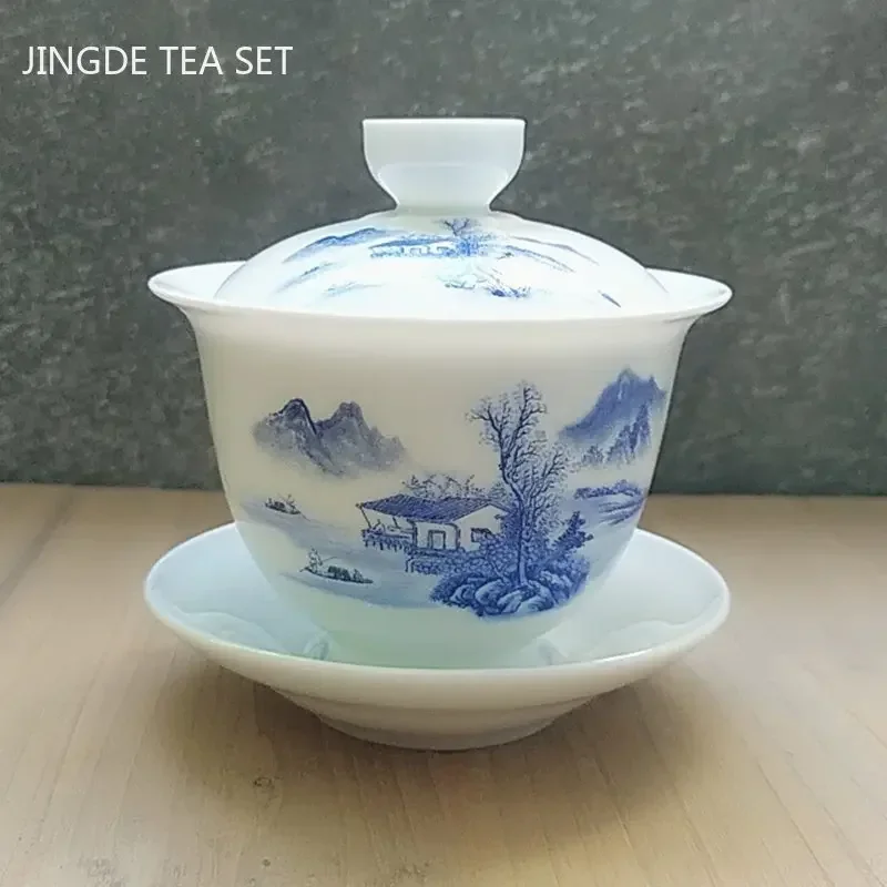 Chinese Blue and White Porcelain Tea Tureen Bowl Handmade Ceramic Teacup Travel Portable Gaiwan Home Tea Set Drinkware 160ml