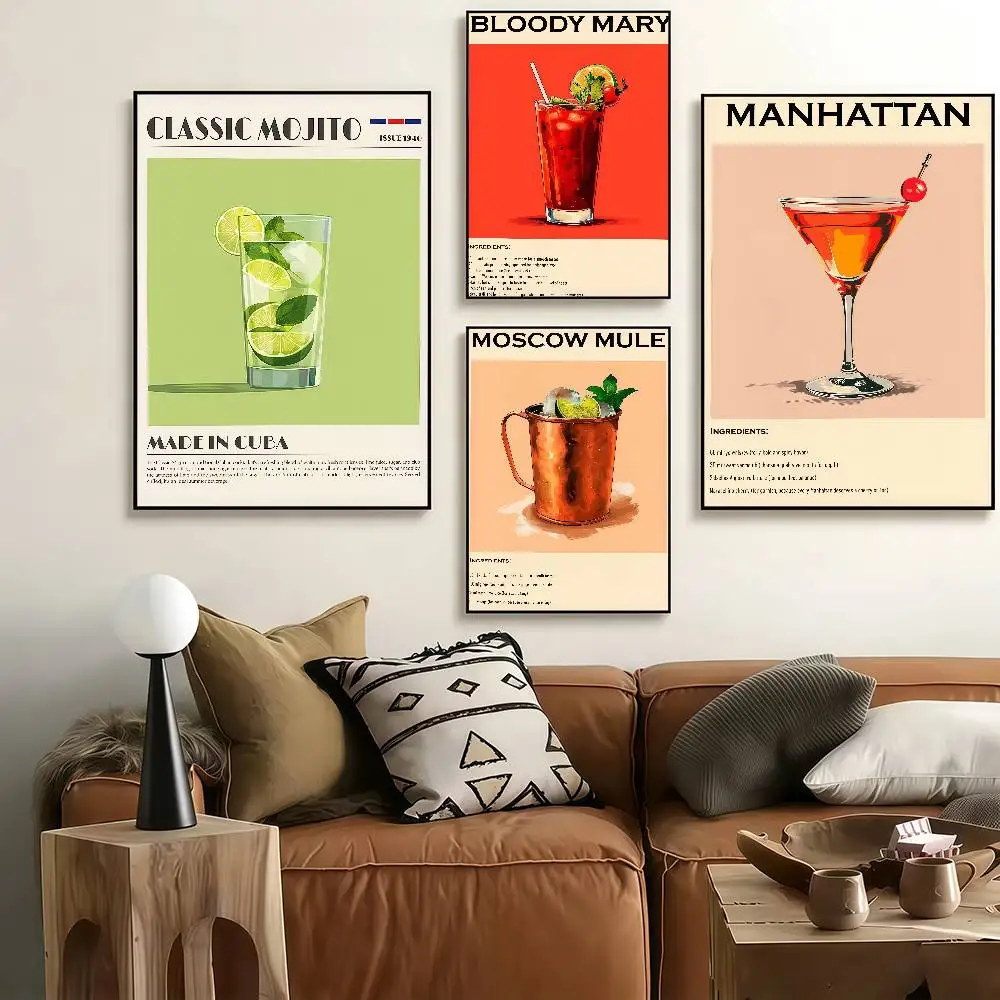 Old Fashioned Cocktail Drinks Negroni Mojito Poster Self-adhesive Art Waterproof Paper Sticker Coffee House Bar Room Wall Decor