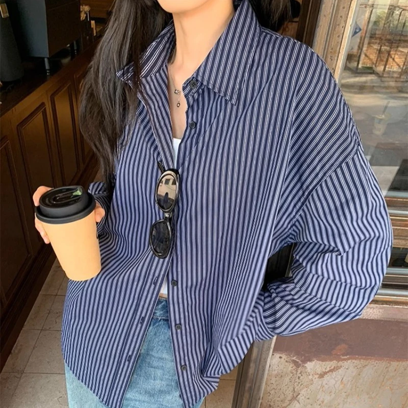 Vintage damesblouses Gestreepte shirts Mode Losse zomer Koreaanse kleding Chiffon damestops met lange mouwen