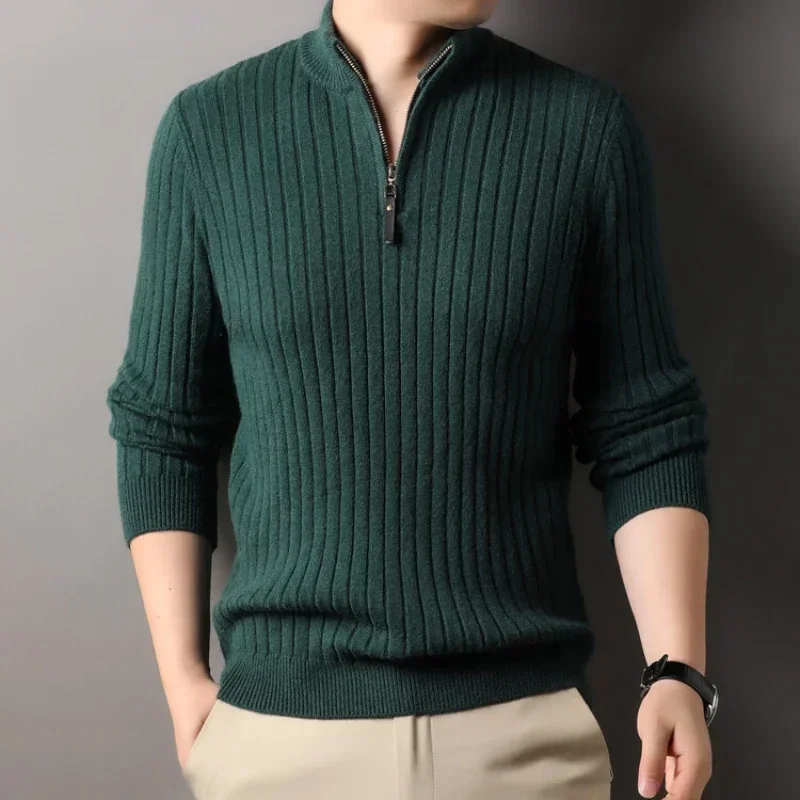 Men's Quarter Zipper Sweater for Autumn and Winter, Slim Fit and Casual Knit Stand Up Collar and Lapel Knit Sweater