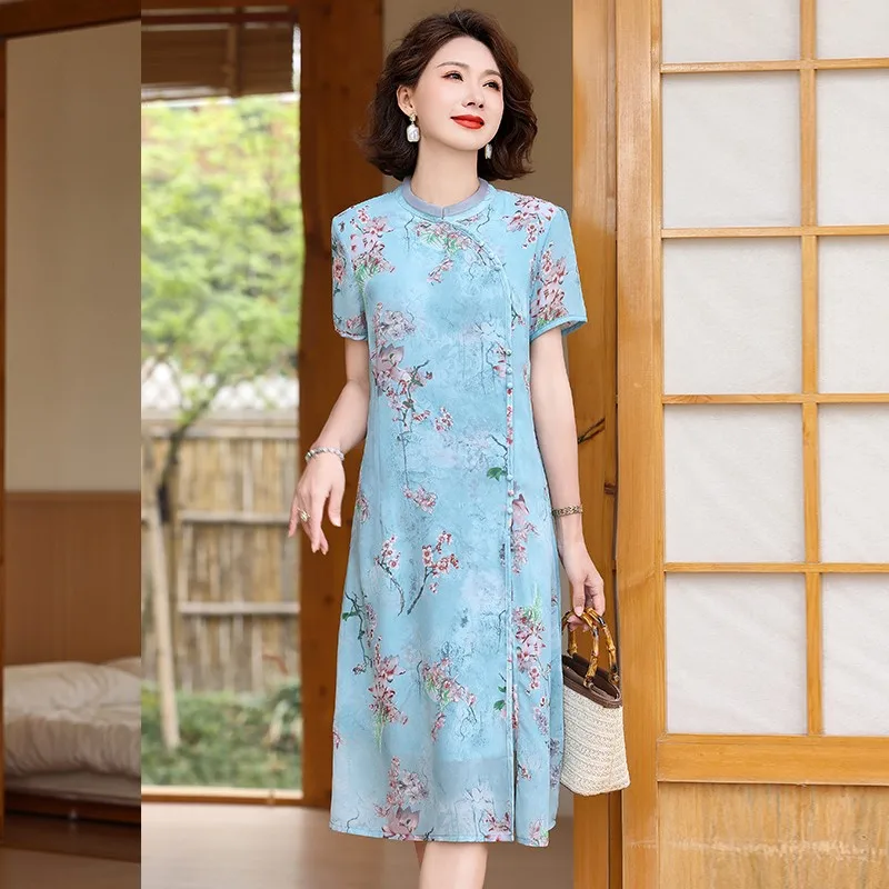 new chinese style traditional qipao dress women improved daily chiffon qipao dress floral printing modern cheongsam