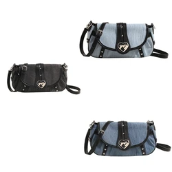 Denims Flap Crossbody Bag for Women Fashionable Punk Studded Purses Handbag Heart Buckled Dumpling Small Shoulder Bag