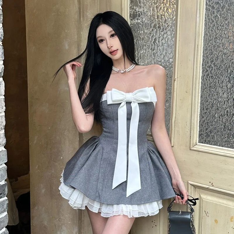 Mulheres sexy fora do ombro mini vestido de verão arco doce arco vestido fino em camadas camada natal festa aniversário noite vestidos