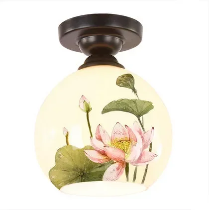 

Chinese style vintage lotus pattern glass ceiling lights Rusal antique E27 LED lamp for porch stairs pavilion vestibule
