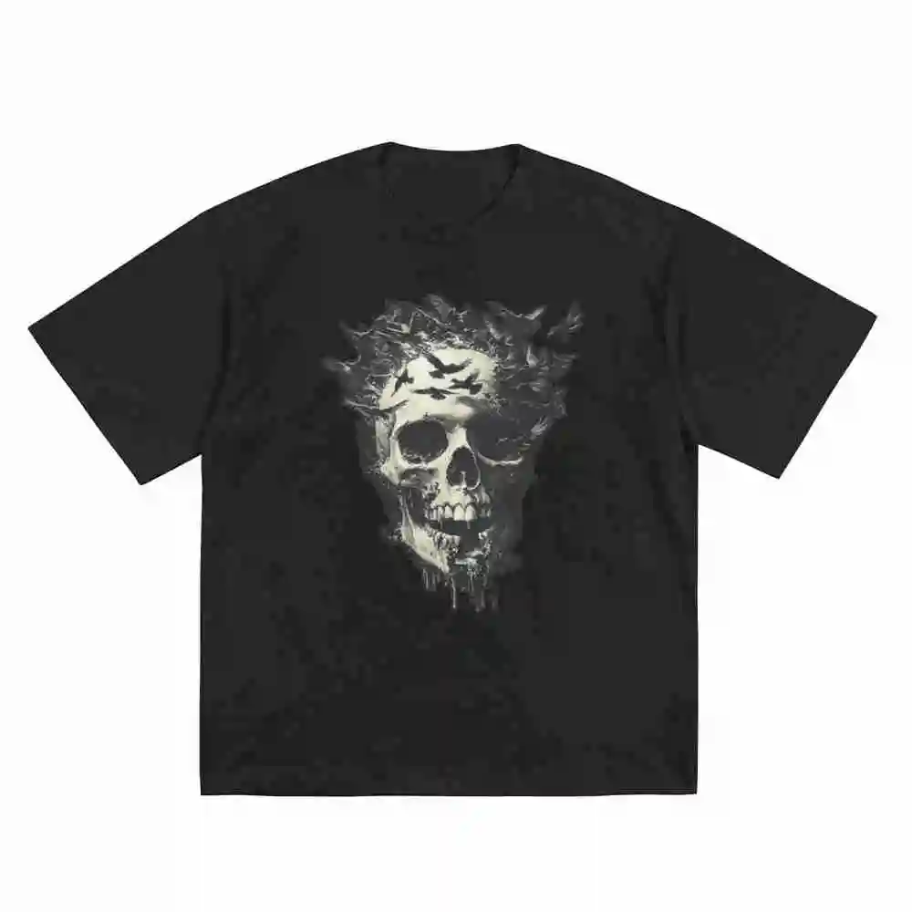 Melting Skull With Ravens Gothic Horror Art Short Sleeve Tee 100% Cotton T-Shirt