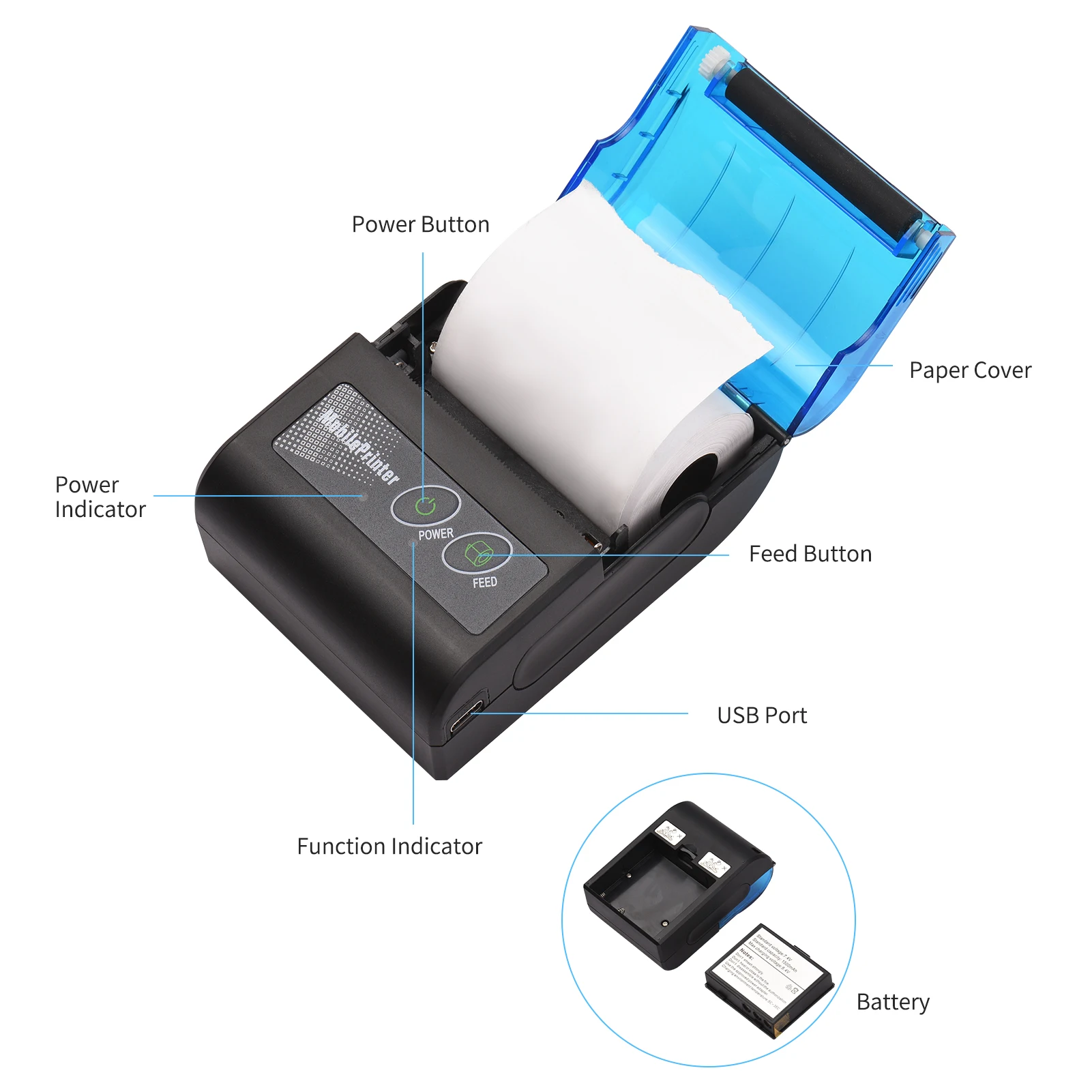 Imagem -02 - Mini Impressora Térmica Portátil 58 mm Polegadas sem Fio Bluetooth-compatível Impressora Recibo Mini Fatura Bill Impressora 2023