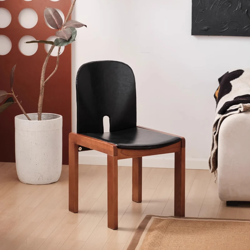 

Solid Wood Medieval Style Dining Chair, Creative Leather Arc Back Chair,Bedroom Texture Dressing Chair,Living Room Armless Chair