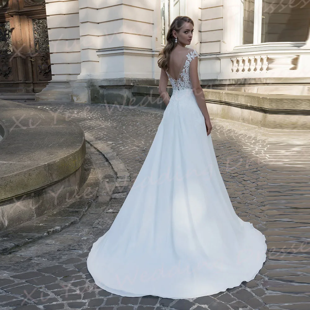 Vestido De novia con apliques De encaje para mujer, con espalda descubierta traje De novia, manga De casquillo, Popular, A la moda, nuevo