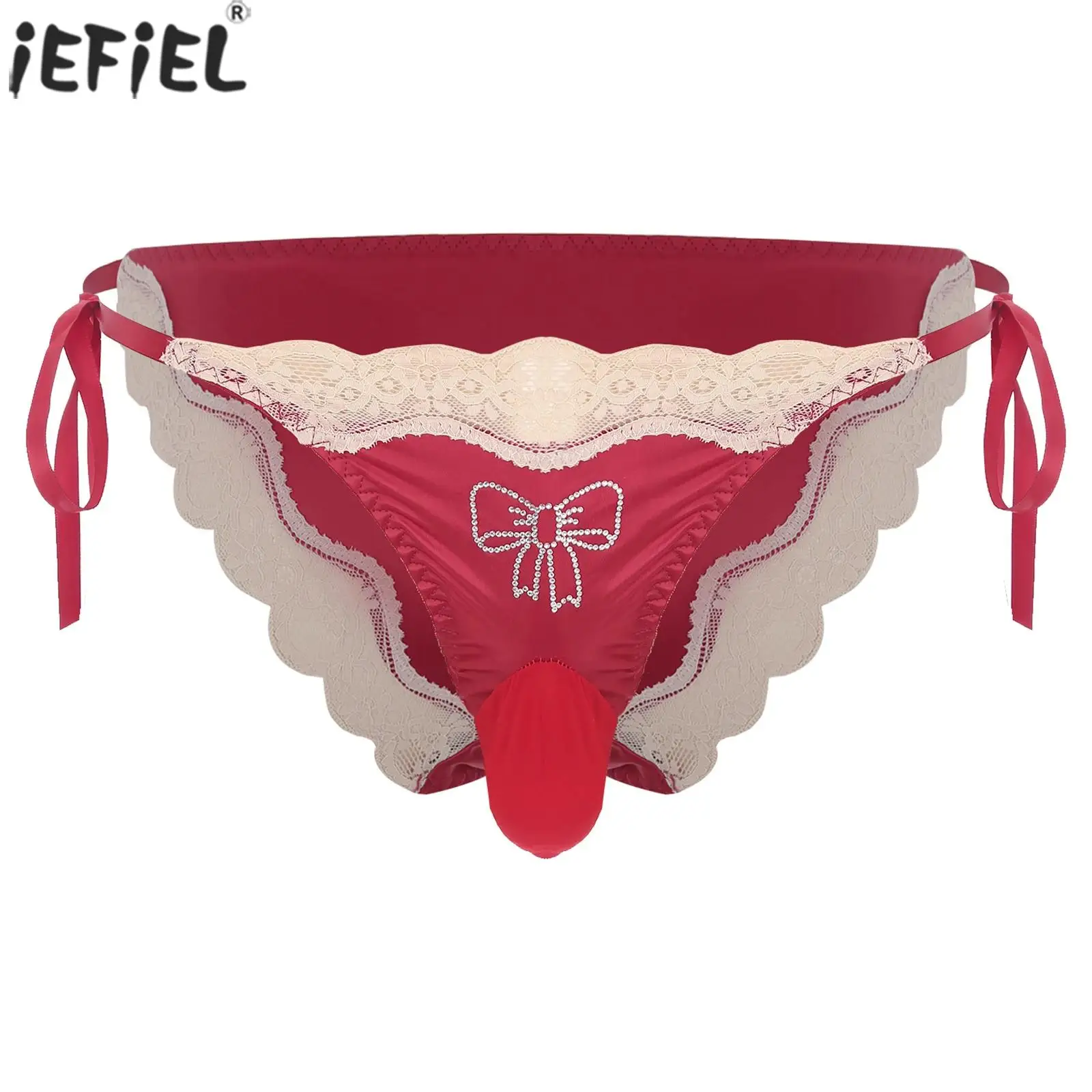 Satin Smooth Comfortable Underwear Men Gays Pink Elephant Nose Briefs Breathable Lace Satin Silky Panties with Bindable Straps