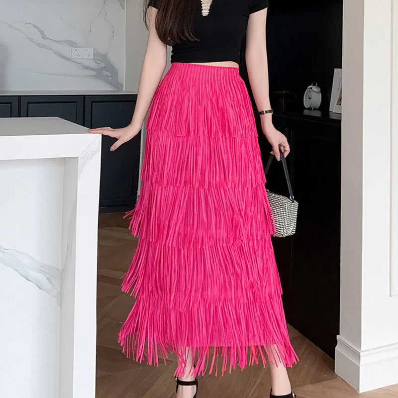 Women's green tassel tight pencil skirt high waist mid length fashionable tassel comfortable slim fit slimming half skirt