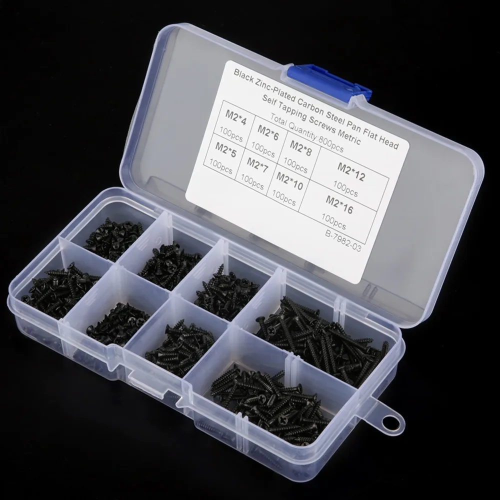 800pcs Black Carbon Steel Self Tapping Screws Cross Head 800pcs Set Cross Screws Countersunk Flat Head M2 Screws