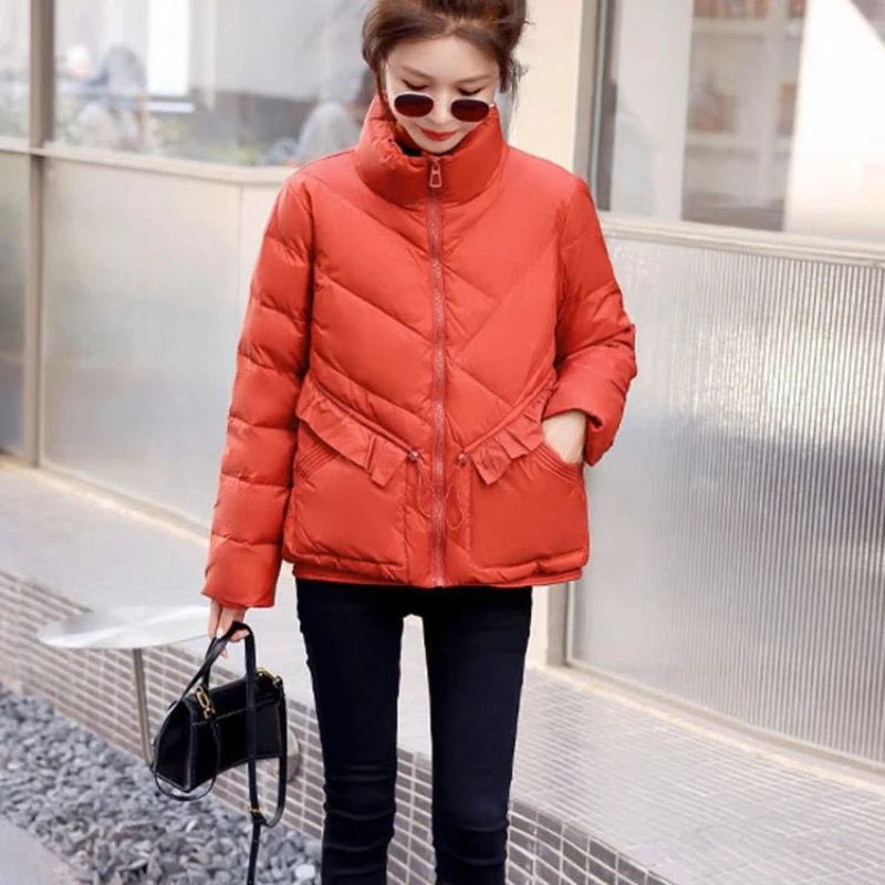 

New Women Winter Solid Color Puffer Jacket Female Loose White Duck Down Stand Collar Coat Double Outerwear G816