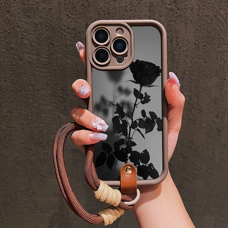 Black Rose Lanyard Strap Rope Phone Case For Samsung Galaxy Note 20 S24 S22 S23 S25 S26 Plus S24 FE S23 S24 S25 Ultra A56 Cover