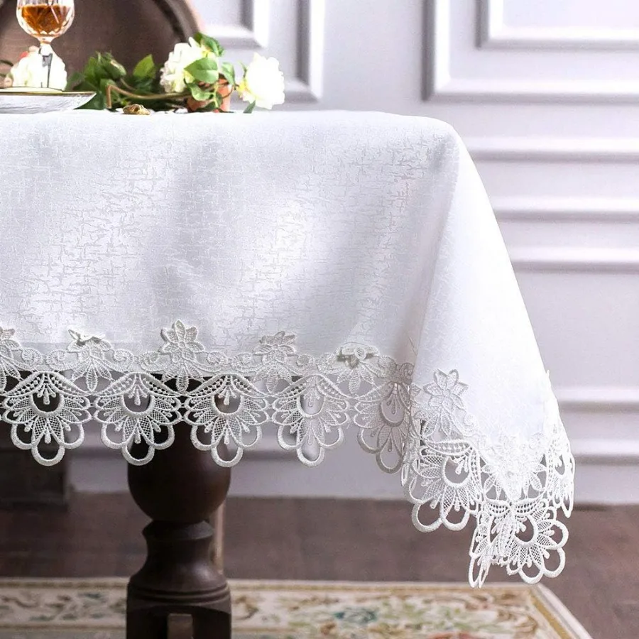 

Rectangular Lace Fabric Tablecloth with Macrame Border Clear Embroidered Kitchen Tablecloths for Elegant Holiday Long Dinner Tab
