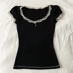 Women's Summer Solid Color Tops Short Sleeve Sweet Elegant Lace Trim Round Neck Slim Fit Daily T-Shirt