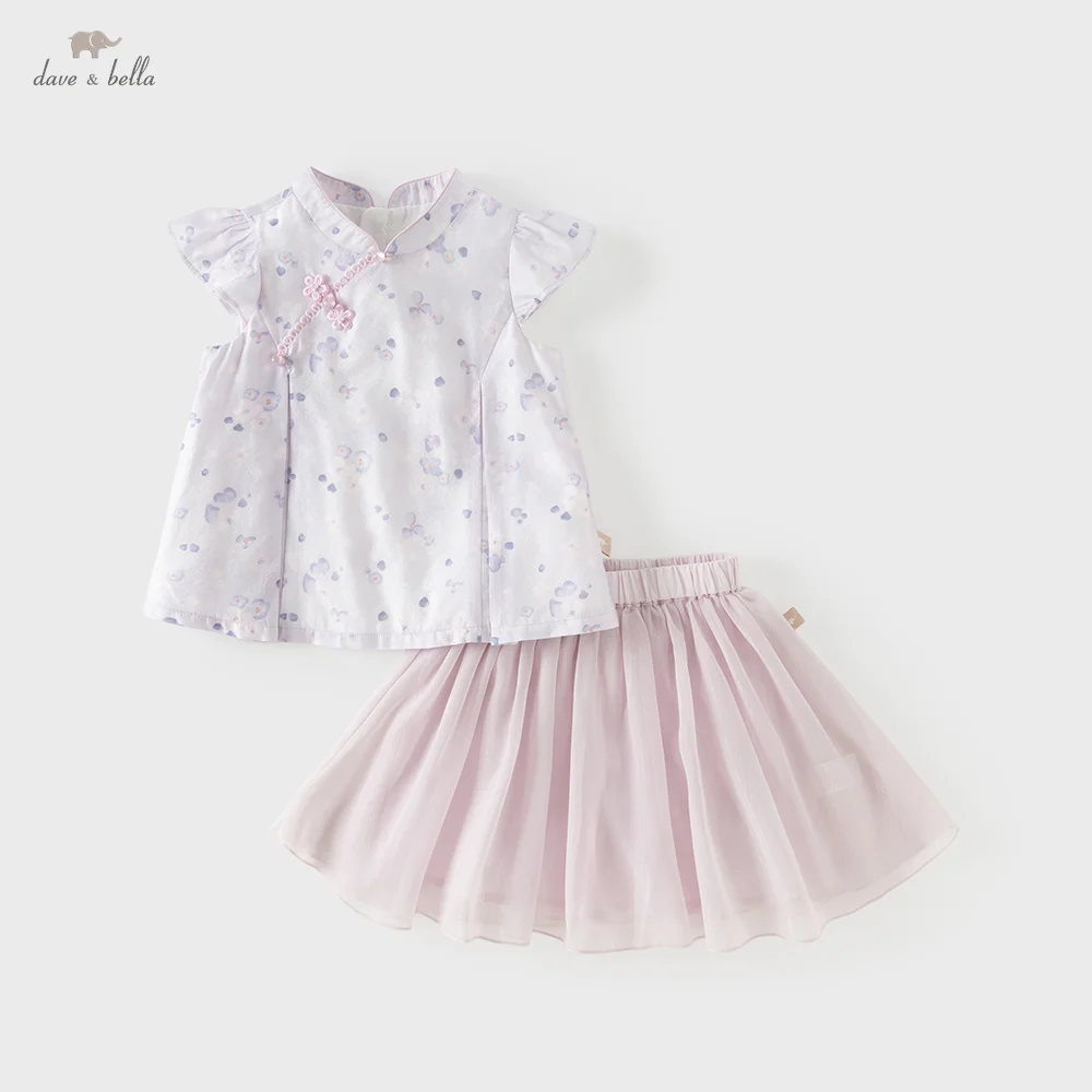 

Комплект для девочек Dave Bella: топ и юбка, летний костюм с цветочным принтом, пуловер, эластичные брюки, модный повседневный наряд DB2261887