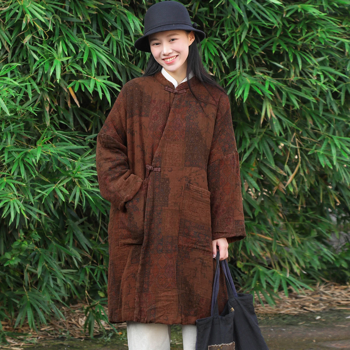 LZJN New Chinese Style Winter Loose Cotton Coat Medium To Long Length Warm Clothing With Retro Patterns Women's Clothing