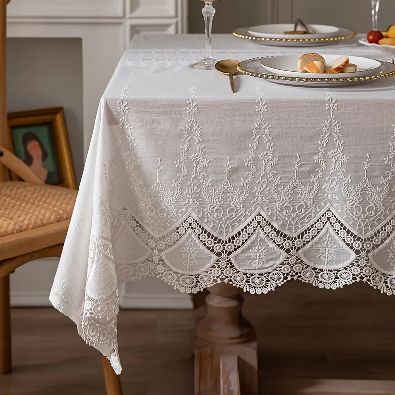 

Tablecloth Elegant French Lace White Washable Cotton Rectangular Cover Intricate Floral Patterns Wedding Party Kitchen Decor