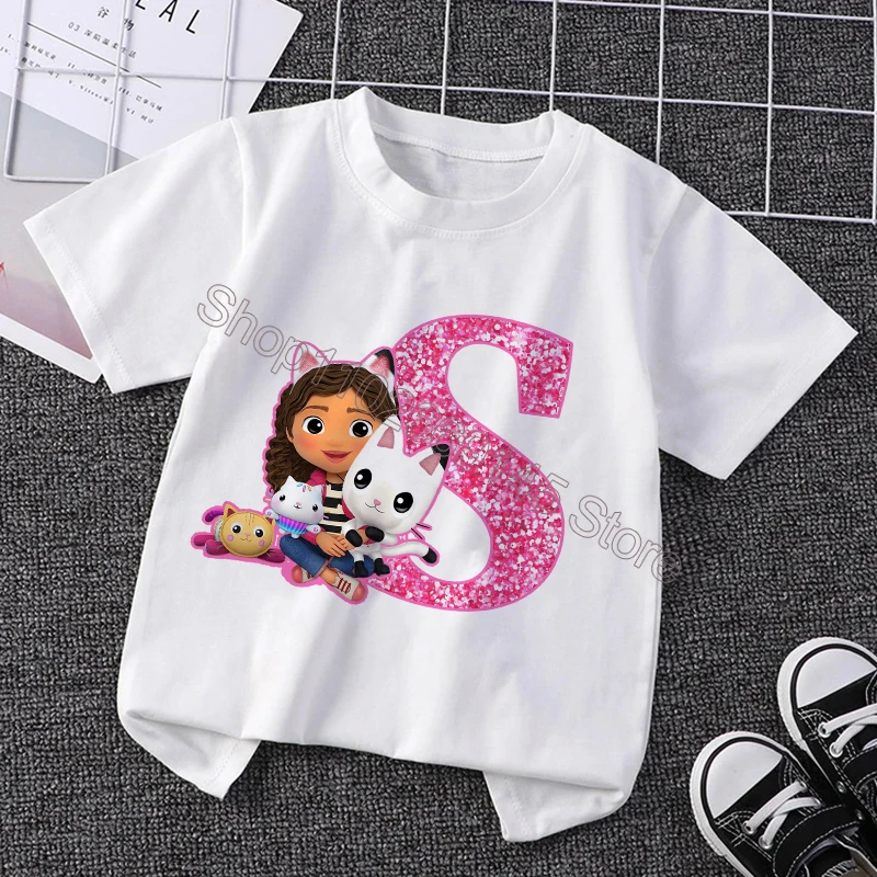 Gabby Dollhouses T-shirt per bambini T-shirt con lettere inglesi T-shirt a maniche corte simpatico cartone animato Top Abbigliamento casual estivo