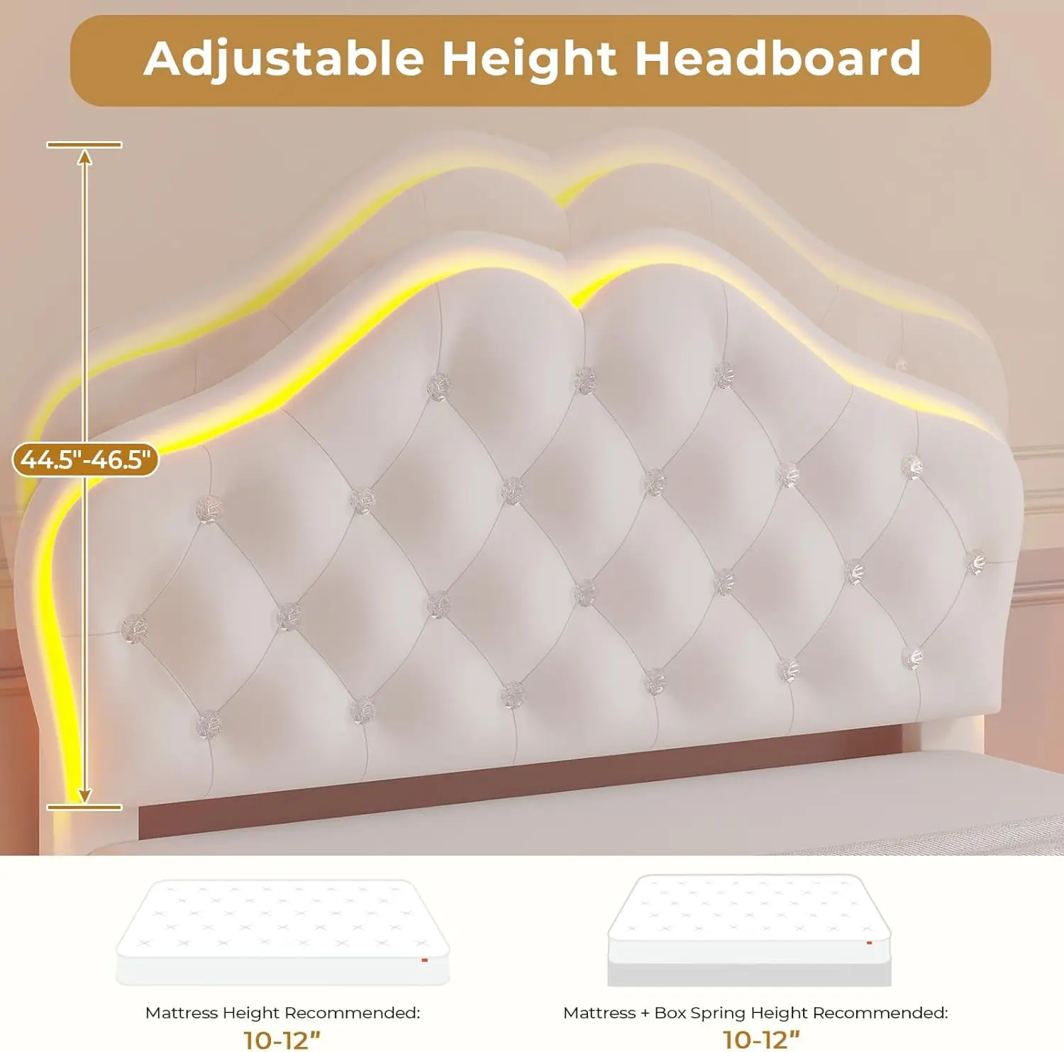 Twin Bed Frame with LED Lights, Princess Bed Frame with Adjustable Crystal Button Headboard, Velvet Upholstered