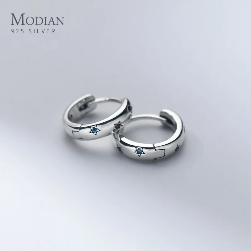 

Modian Trendy Round Charm Earrings Real 925 Sterling Silver Bllue Stone Stars Fashion Hoop Earrings For Women Silver Jewelry