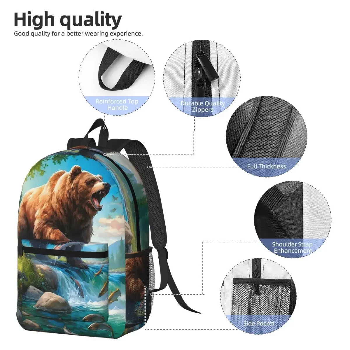 Grizzly Bear Nature Eating Fish In A Stream Backpack Daypack Large Capacity Children BookBag School Bag Shoulder Bags for Unisex