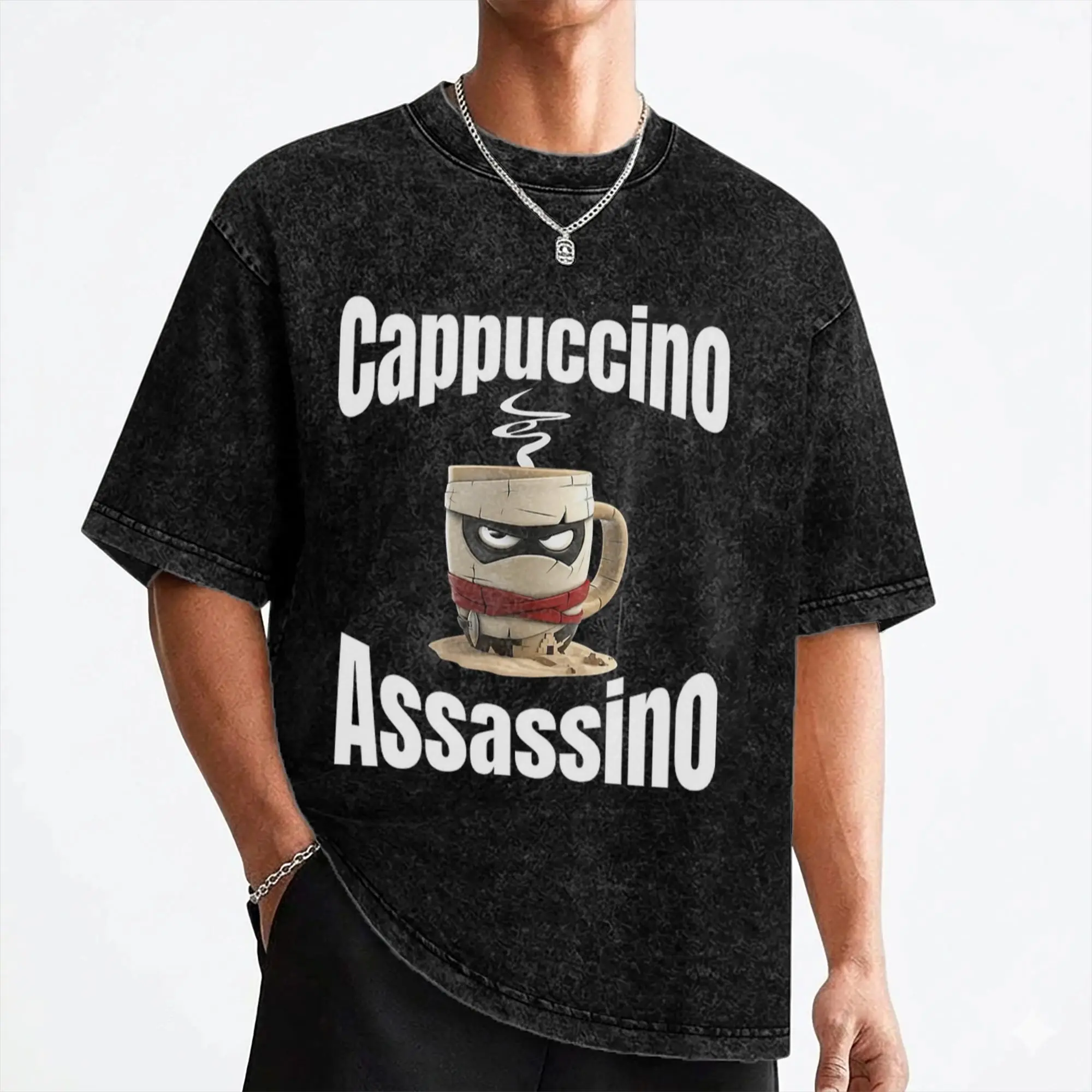 Washed T Shirt Cappuccino Assassino Cafe  Hip Hop Vintage T-Shirt Oversize Italian Brainrot Streetwear Summer Tee Shirt Men