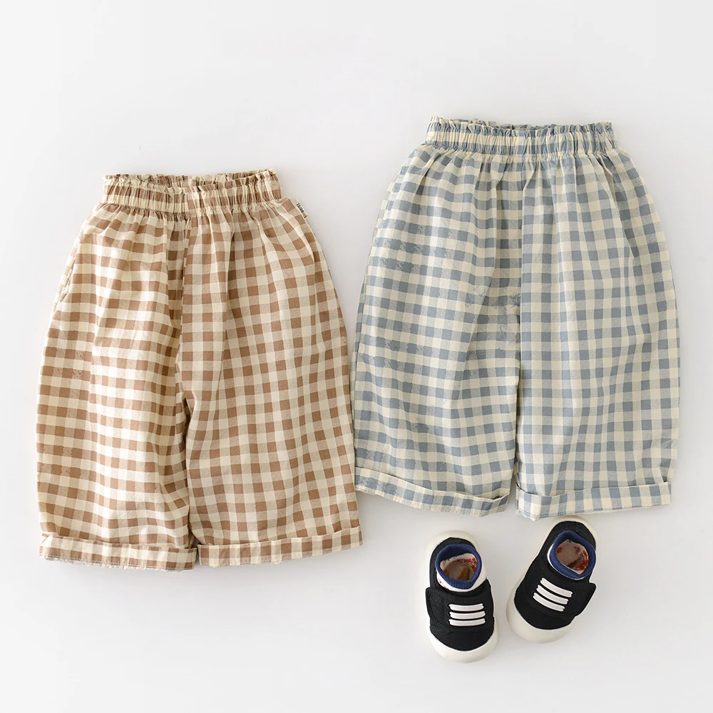 

2026 Spring New Kids Pants Korean Style Boys Pants Plaid Print Girls Trousers Full Length Casual Pants