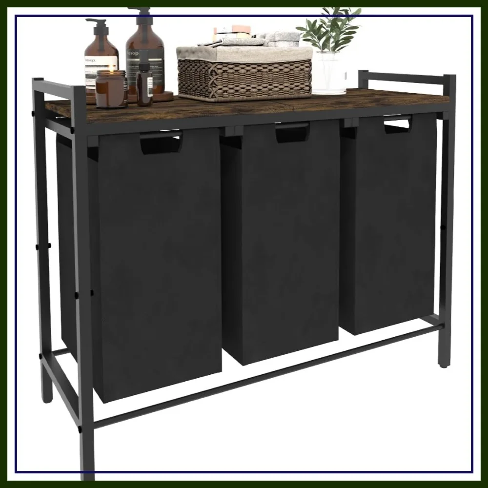 

10 x 3 Gal Large Laundry Hamper with 3 Pull-Out & Removable Sorter Bags, Freestanding Clothes Basket Organizer for Bathroom or Living Room, Rustic Brown and Black