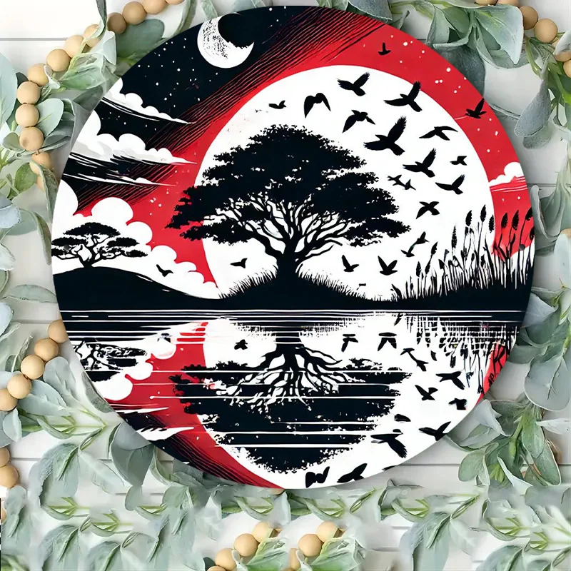 لافتة معدنية من الألومنيوم على شكل بحيرة القمر الأحمر العتيق - ديكور حائط مثالي للمنزل والمقهى والمكتب | لوحة فنية للمناظر الطبيعية الغامضة #3