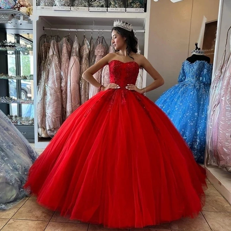 ANGELSBRIDEP Red Sweetheart Ball Gown Quinceanera Dresses Lace Tulle Floor-Length Formal Birthday Princess Sweet 16 Party Gowns