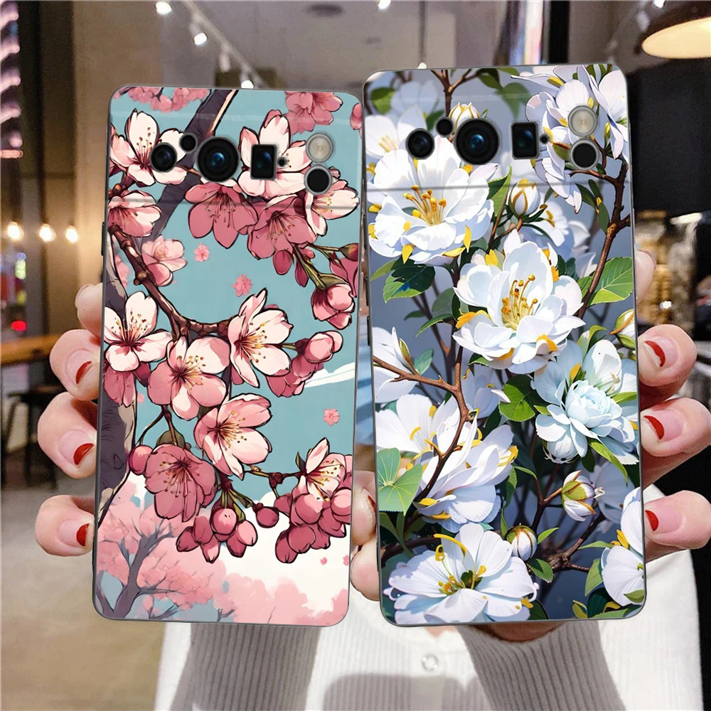 Cherry Blossom Tree Phone Case For Google Pixel 8 7 6 Pro 8A 6A 7A 5G Soft Silicone Shockproof TPU Black Cover Fundas