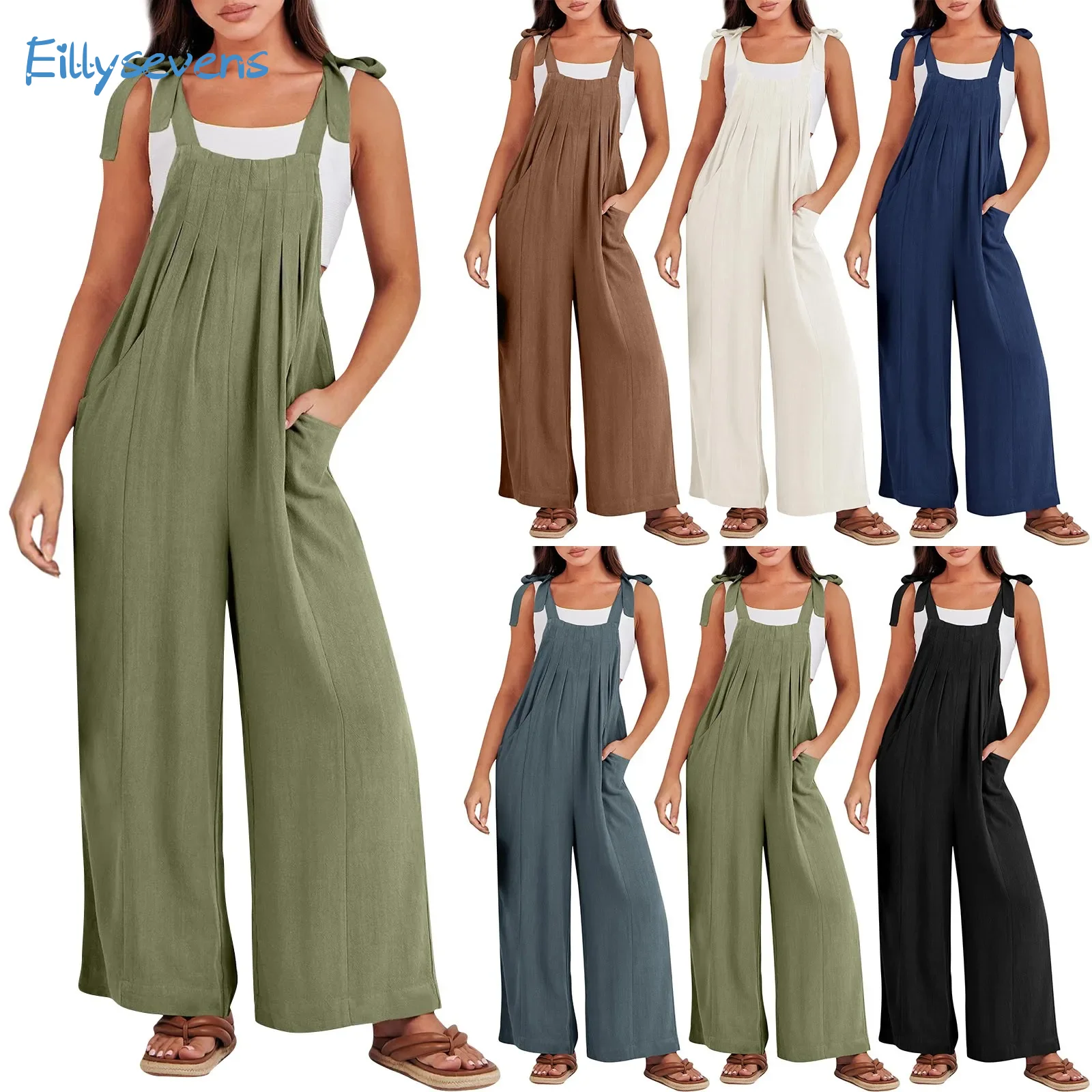 

Women'S Overalls Jumpsuits Casual Loose Sleeveless Adjustable Tie Straps Bib Wide Leg Rompers With Pockets Daily Commute Style