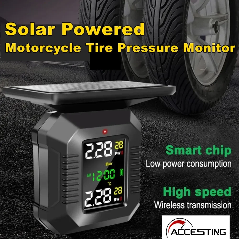 Solar TPMS Motorcycle Tire Pressure Monitoring System Temperature Warning 2 External TMPS Sensors Tyre Pressure for Motorbike