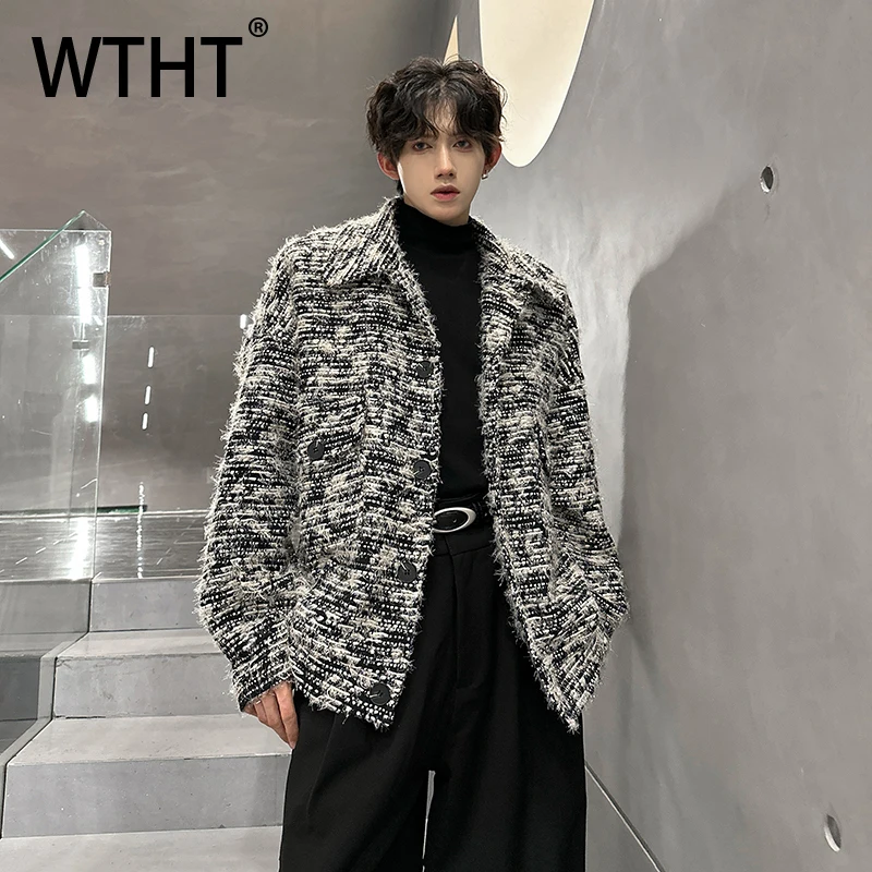 

WTHT Fashion 2025 Autumn Men's Burr Edge Contrast Color Coats Trendy Turn Down Collar Long Sleeves Jackets Male 2A2170